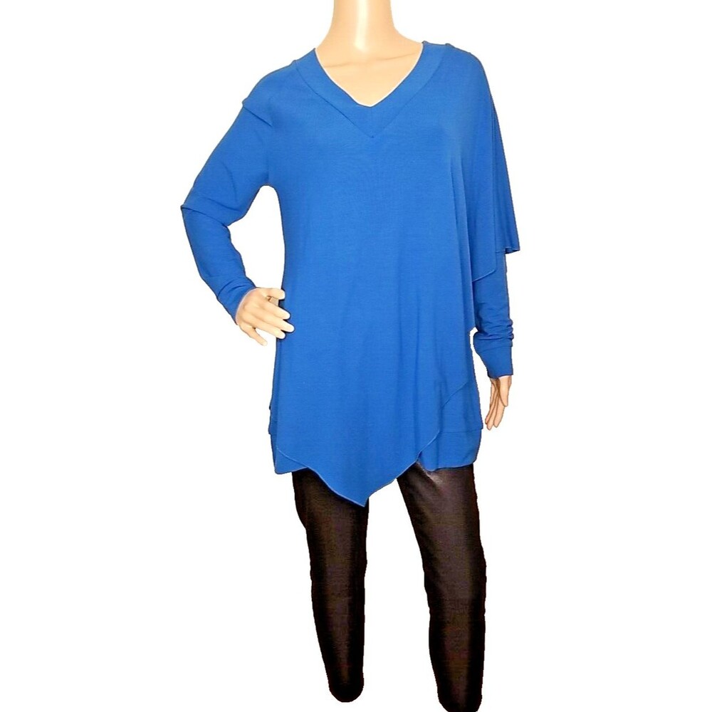SOFT SURROUNDINGS Teal Blue Long Sleeve Cape Overlay Knit Tunic Womens S Top  T2